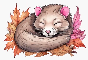 a mink with pink fur and pink ears sleeping in the autumn forest with a pile of bones tattoo idea