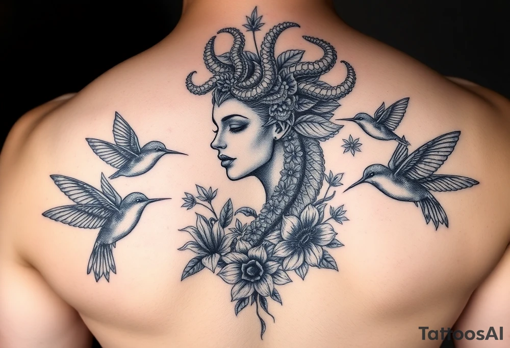feminine medusa surrounded by hummingbirds and flowers tattoo idea