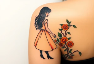 Alice in wonderland silhouette. Perspective from the back. She is entering a garden and seeing an orange tree. tattoo idea