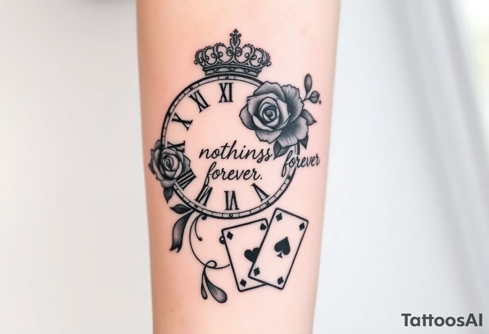 Roman clock with roses and a crown, a quote that says nothings forever. and on the bottom a deck of cards tattoo idea