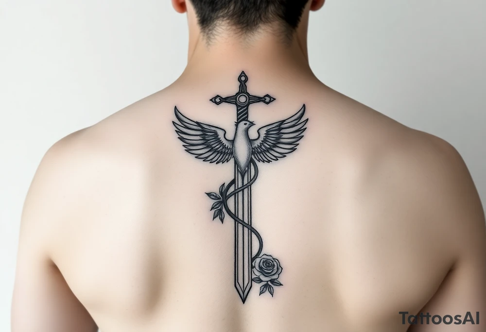 Cross sword darkened in with roses pearls and a phoenix rising from the ashes feminine the phoenix is not the main attraction the cross is on tricept tattoo idea