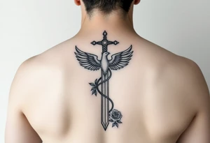 Cross sword darkened in with roses pearls and a phoenix rising from the ashes feminine the phoenix is not the main attraction the cross is on tricept tattoo idea