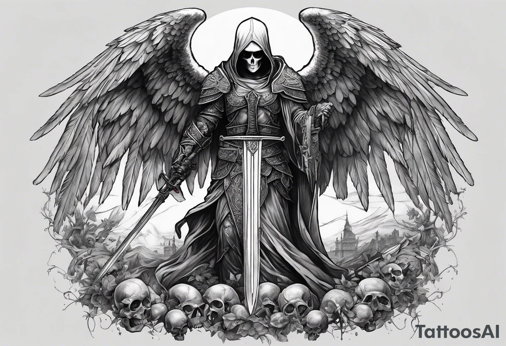realistic angel of death, full body, no face visible, holding a sword in both hands, the sword is pointing downwards, skulls lie on the ground tattoo idea