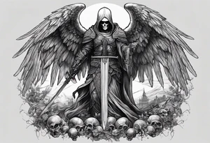 realistic angel of death, full body, no face visible, holding a sword in both hands, the sword is pointing downwards, skulls lie on the ground tattoo idea