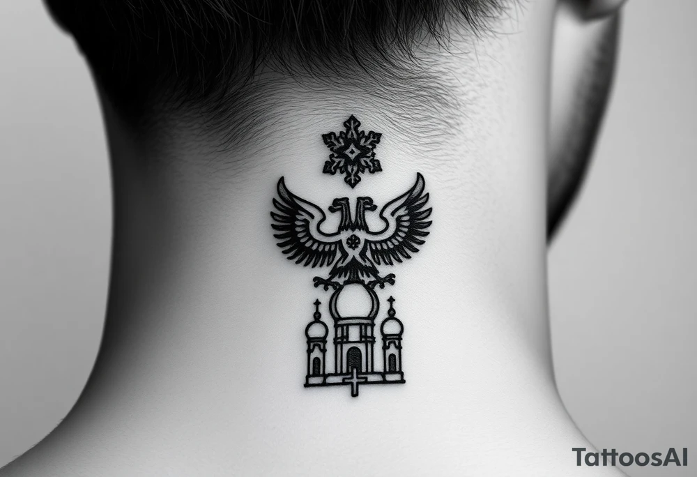 Miniature Echo
A smaller, refined version of your back composition stacked vertically:

Top: Small 8-pointed Russian star 
Middle: Tiny double-headed eagle (simplified, more linework style)
Bottom: Orthodox church dome with a cross tattoo idea