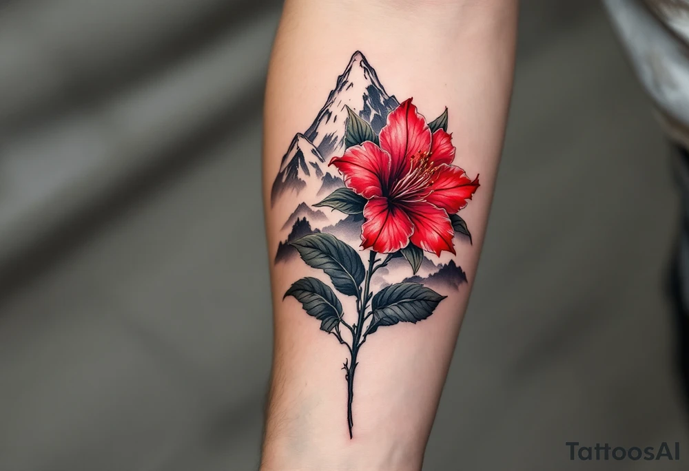 red  and black rhododendron trippy with Himalayas behind tattoo idea