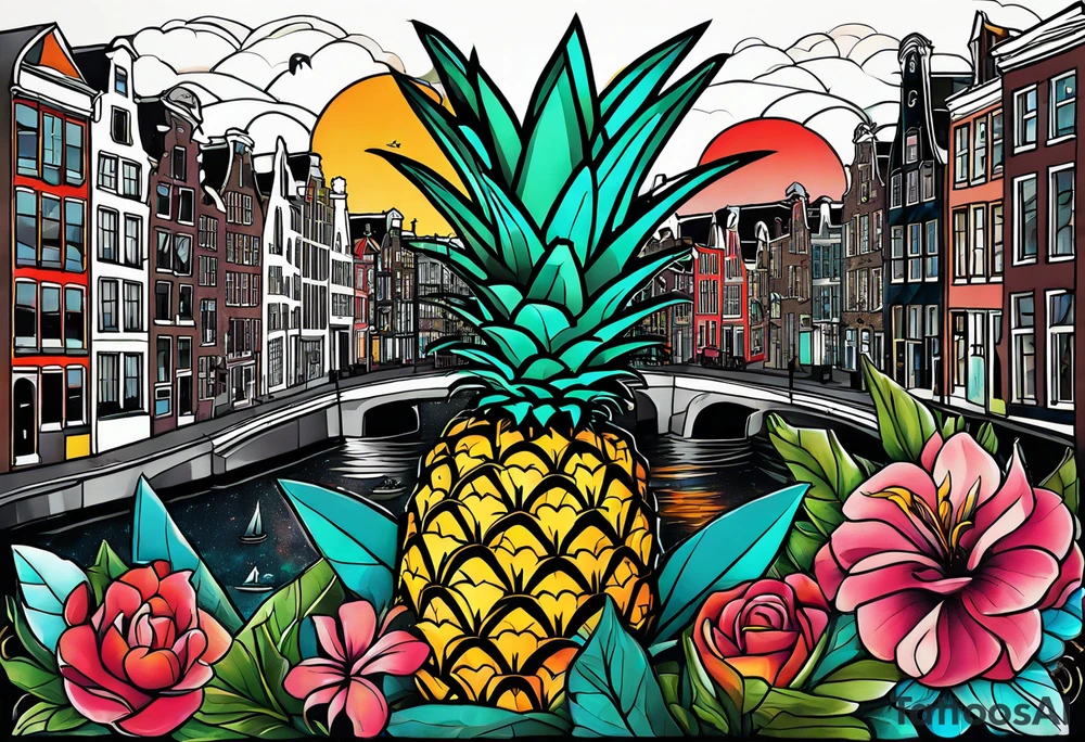 Tattoo of  animals and pineapples in Amsterdam buildings and canal featuring glass and colours of galaxy and universe colours featuring birds and other animals tattoo idea