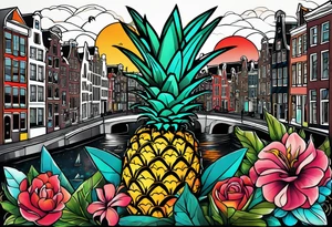Tattoo of  animals and pineapples in Amsterdam buildings and canal featuring glass and colours of galaxy and universe colours featuring birds and other animals tattoo idea