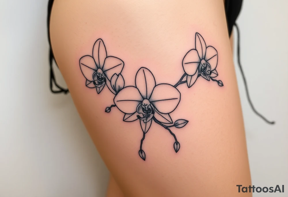 3 delicate fine line orchids realistic with a mix with vagina and branching tattoo idea