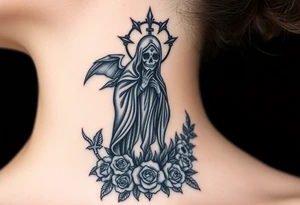 Powerful and evil Santa muerte rising from the flames and ashes of hell, surrounded by unclaimed souls and roses tattoo idea