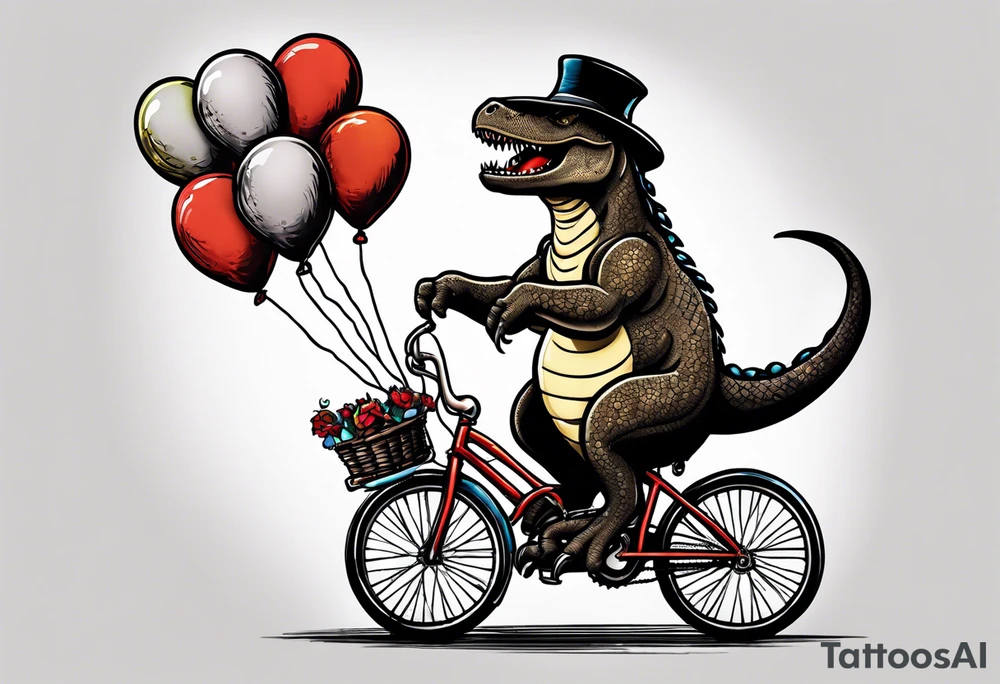 Trex riding a bicycle holding balloons tattoo idea
