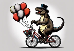 Trex riding a bicycle holding balloons tattoo idea
