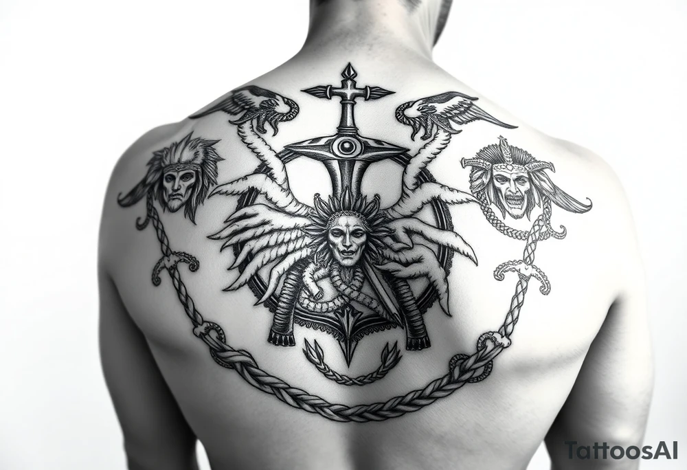 Powerful complex Full back Tattoo, including every Symbol of the 12 Greek gods and some Parts of Celtic rope work. tattoo idea