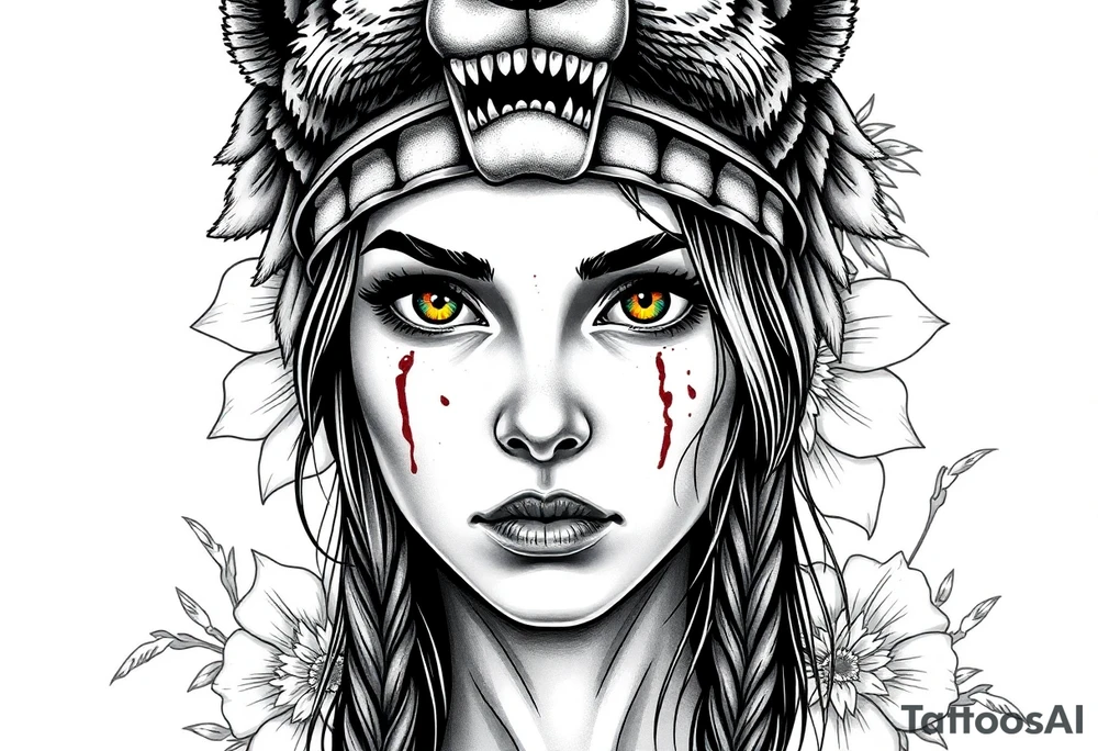 Young Symmetrical Beautiful Woman, looking forward, with colored eyes, shedding a tear, with battle scars and blood on face, with soft look, wearing a mean looking bear headdress on head, with flower background tattoo idea