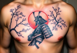 noble samurai warrior silhouette at sunset with cherry blossoms tattoo idea