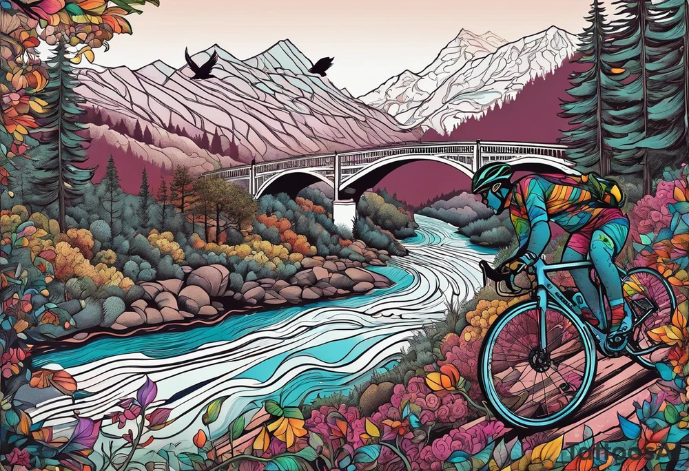 Gravel bike, going down mountain in-between trees, over a bridge with a river and some birds in the background tattoo idea