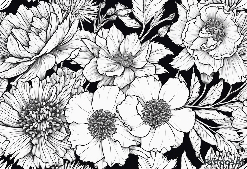 Carnations, aster, daffodil, poppy, hawthorn, larkspur tattoo idea Carnations, aster, daffodil, poppy, hawthorn, larkspur tattoo idea