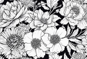 Carnations, aster, daffodil, poppy, hawthorn, larkspur tattoo idea