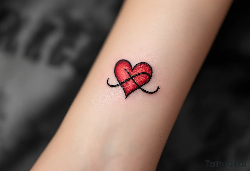 A delicate black infinity symbol merging into a soft red heart, representing eternal love tattoo idea
