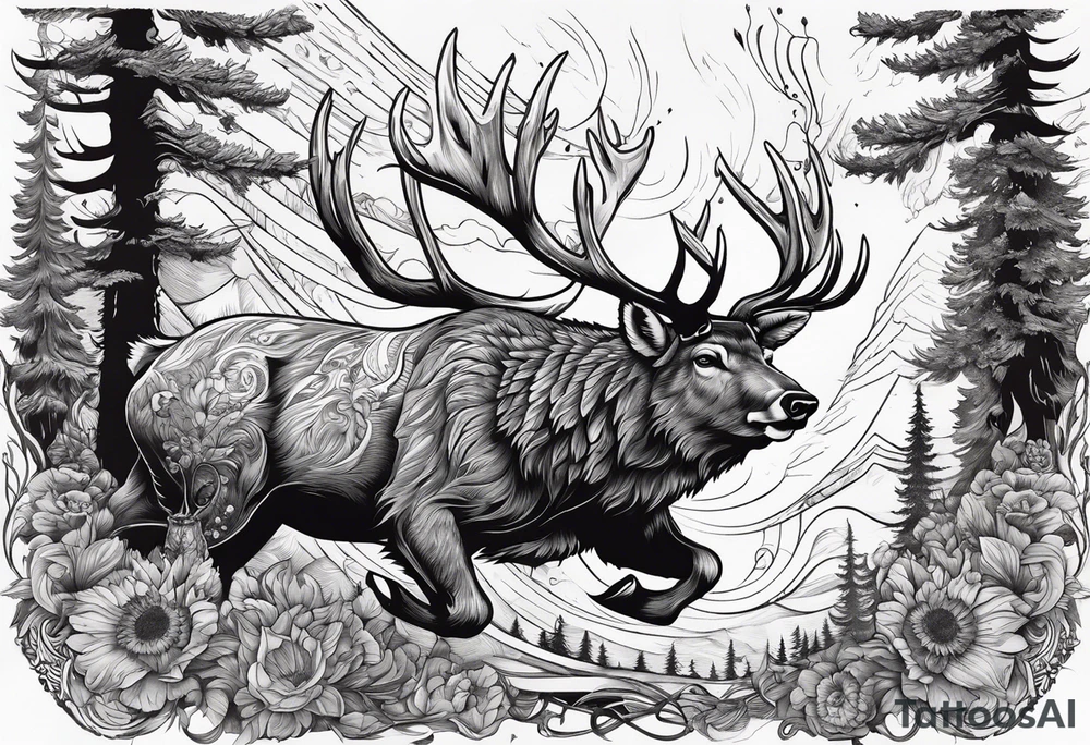 Hunter hunting deer being chased by a bear tattoo idea