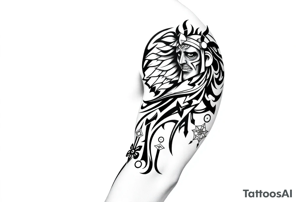 Gladiator on the shoulder with tribal markers down the arm tattoo idea