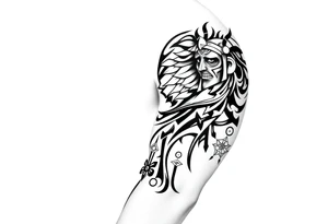 Gladiator on the shoulder with tribal markers down the arm tattoo idea