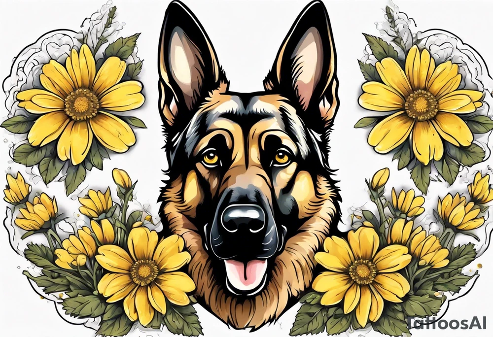 German shepherd portrait surrounded by yellow daisies tattoo idea