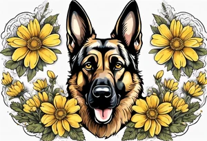 German shepherd portrait surrounded by yellow daisies tattoo idea