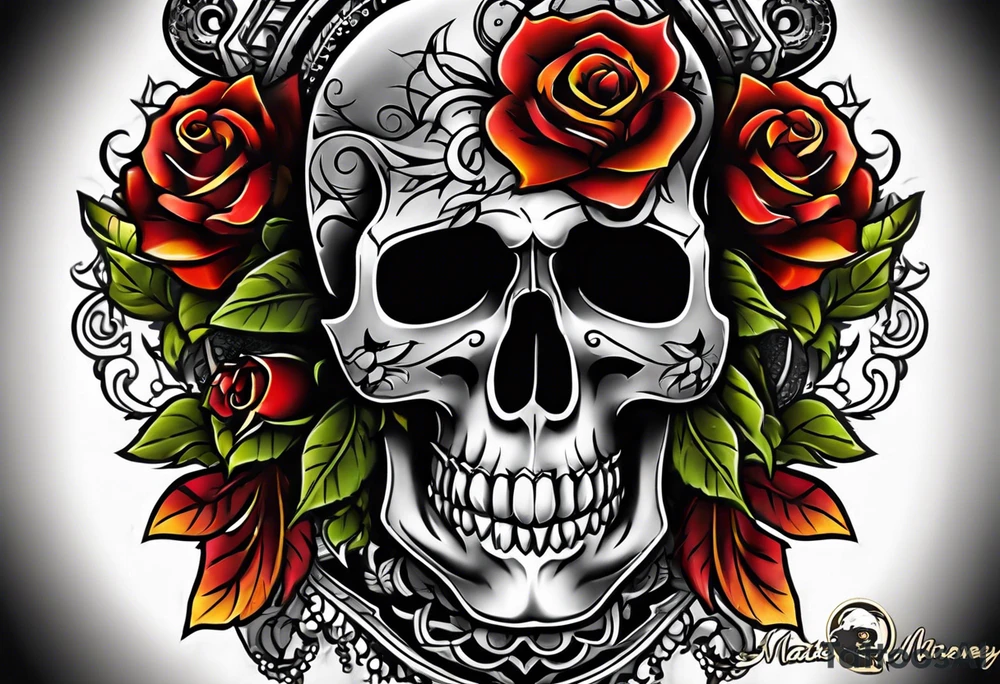 traditional Knee tattoo in fall colors showing a large skull with a rose in the style of Mark Mahoney tattoo idea