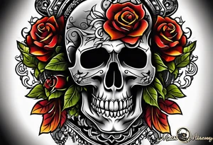traditional Knee tattoo in fall colors showing a large skull with a rose in the style of Mark Mahoney tattoo idea