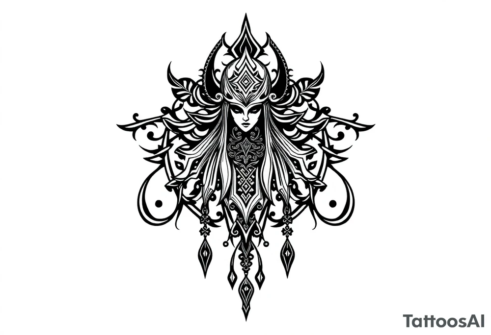 mystical dark and long ornament with shaman and witch style and ancient rhyme tattoo idea