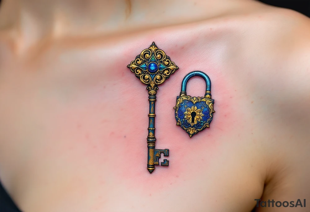 A vintage key in bronze for him and an ornate gold-accented lock for her placed on the shoulder blades express unity and trust. tattoo idea