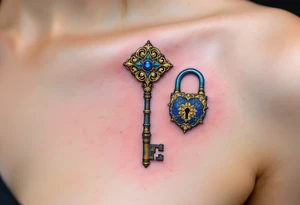 A vintage key in bronze for him and an ornate gold-accented lock for her placed on the shoulder blades express unity and trust. tattoo idea