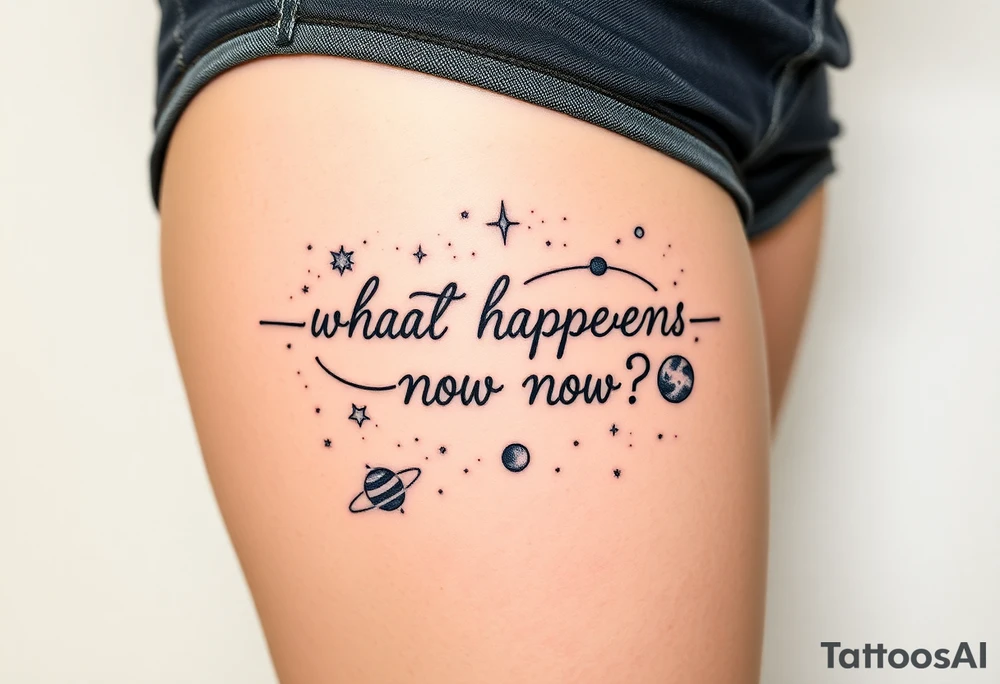 “what happens now?” surrounded by the galaxy and outer space tattoo idea