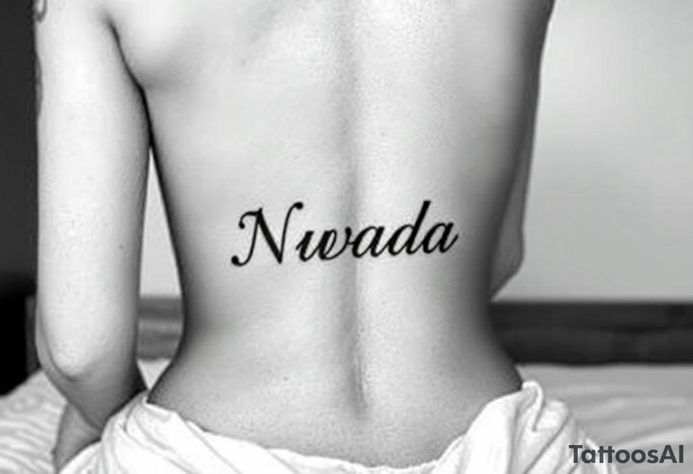 a woman's waist with the word "Nwada" written on her waist make her sit on the bed make it more sexy and make it more realistic tattoo idea