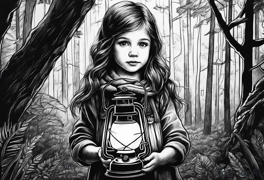 A small girl holding a lantern in a dark forest tattoo idea