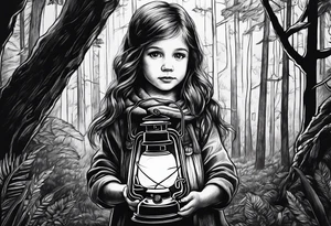 A small girl holding a lantern in a dark forest tattoo idea