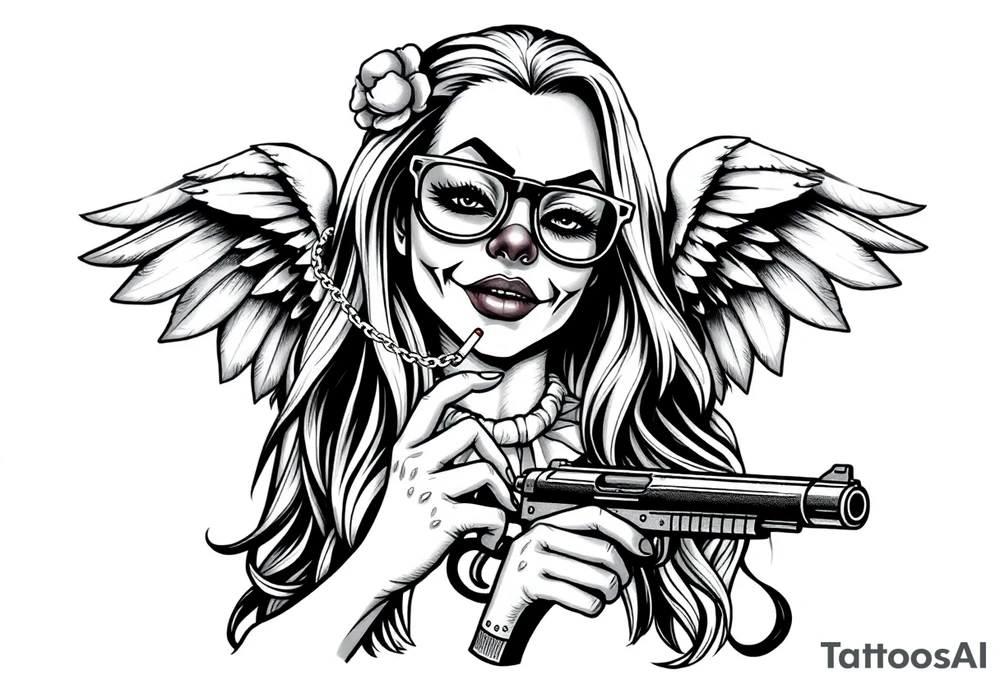 beautiful long hair Clown Girl thug eyeglasses angel wings smoking a cigarette holding a gun tattoo idea