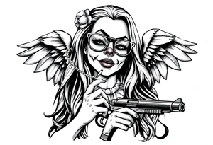 beautiful long hair Clown Girl thug eyeglasses angel wings smoking a cigarette holding a gun tattoo idea