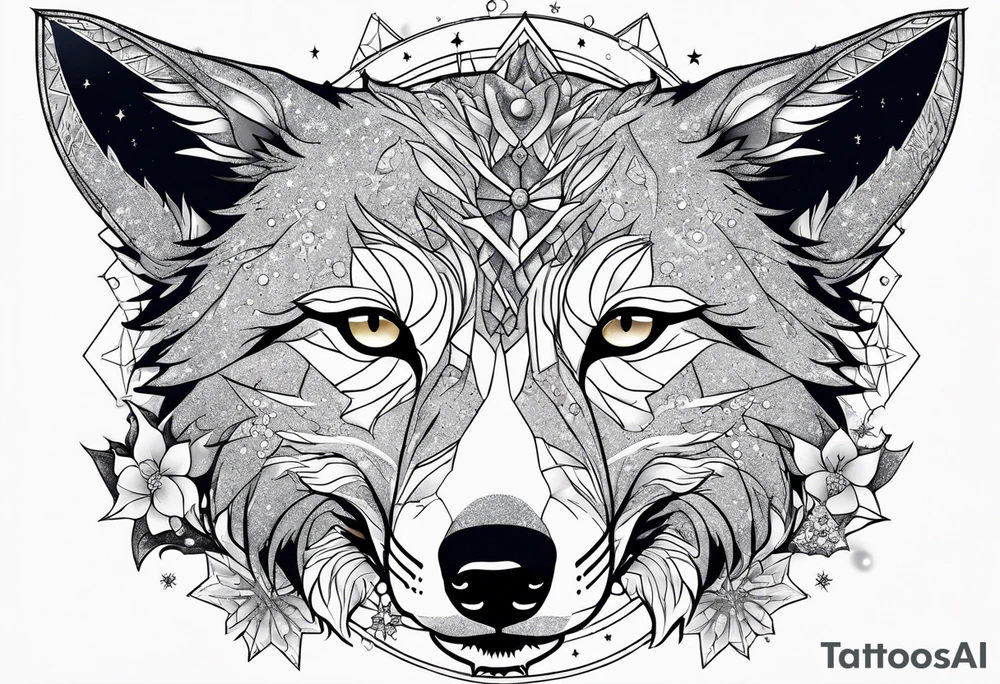Constellation, two animal alien wolf, snowflake tattoo idea