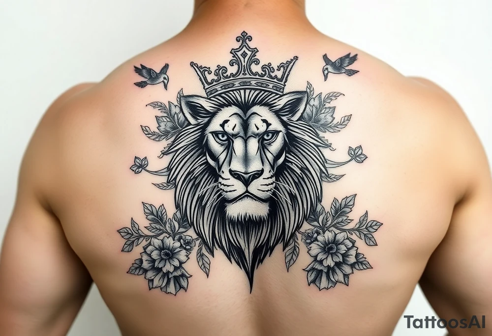 powerful majestic lion with a crown, surrounded by floral ornaments and birds tattoo idea