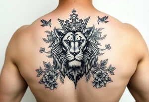 powerful majestic lion with a crown, surrounded by floral ornaments and birds tattoo idea