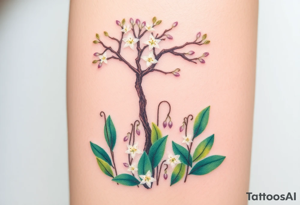 Lilly of the vally bell plants on the ground underneath a blooming hawthorn tree tattoo idea