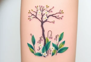 Lilly of the vally bell plants on the ground underneath a blooming hawthorn tree tattoo idea