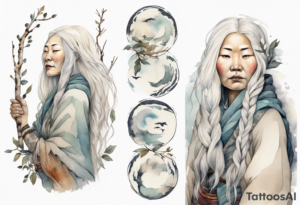 a solitary Inuit woman with long white hair holding onto a birch branch tattoo idea