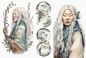 a solitary Inuit woman with long white hair holding onto a birch branch tattoo idea