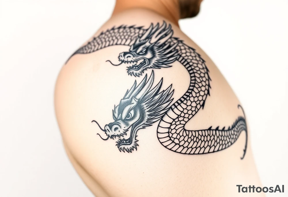 Create a detailed black-and-gray dragon tattoo design covering the hand and forearm. The design should include intricate scales, fierce eyes, and a bold, flowing style. The dragon’s head should start at the hand, with its body coiling up the forearm. Ensure the shading is rich and dynamic, emphasizing depth and texture, with traditional Asian tattoo art influences tattoo idea