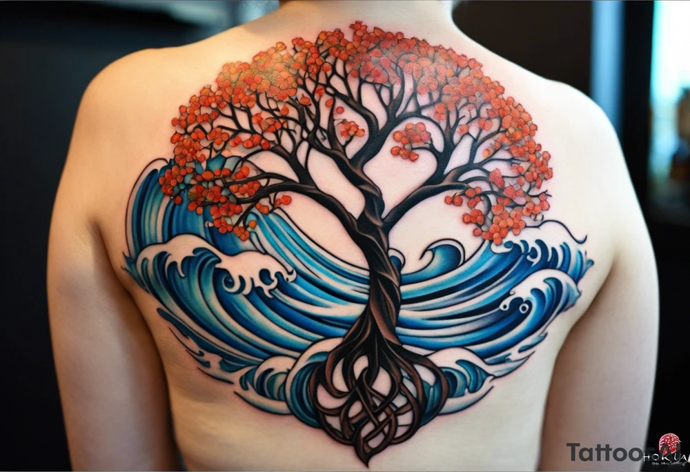 A tattoo of an abstract Tree of Life tattoo to be placed directly on the bicep of a woman. It can wrap around the arm a little. It should have roots growing out of the bottom. The roots slowly turn into water from the Great Wave by Hokusai. A golf flag should be placed discreetly growing out of the ground. 2 license plate tags should be hanging from the tree. Place a few music notes in the areas the leaves should be. The letters A U should be engraving into the tree trunk in a heart. Not inside a circle. The overall shape of the tattoo should be organic. Black and white only. tattoo idea