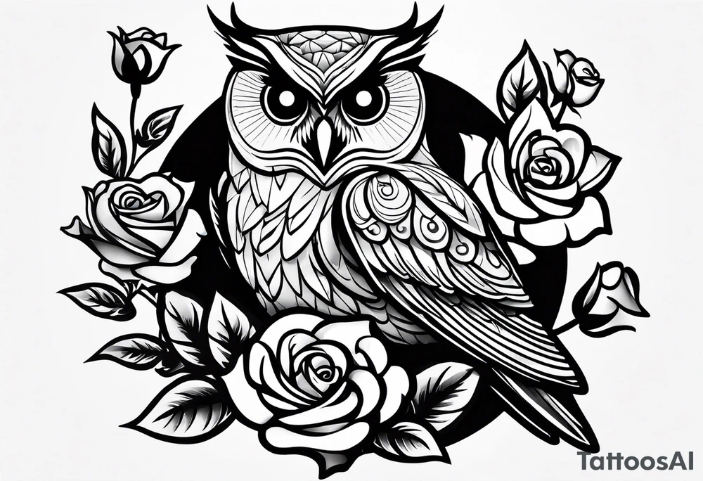 An owl, a rose, a paw print tattoo idea