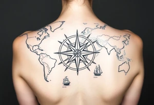 antique compass rose overlaid on weathered world map with sailing ships tattoo idea